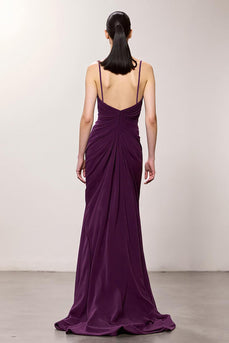 Purple Spaghetti Straps Chiffon A Line Ruched Long Evening Dress with Slit