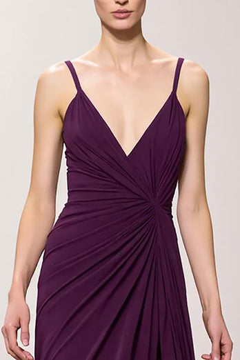 Purple Spaghetti Straps Chiffon A Line Ruched Long Evening Dress with Slit