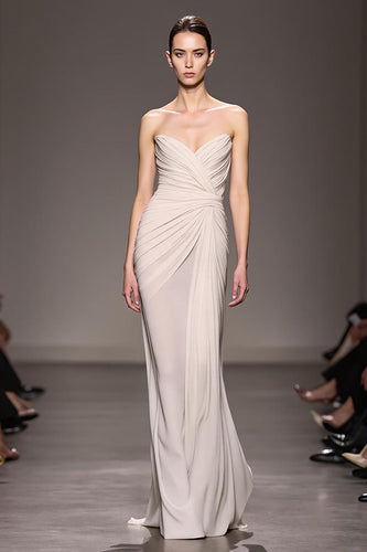 Elegant Ivory Strapless Sheath Ruched Long Evening Dress