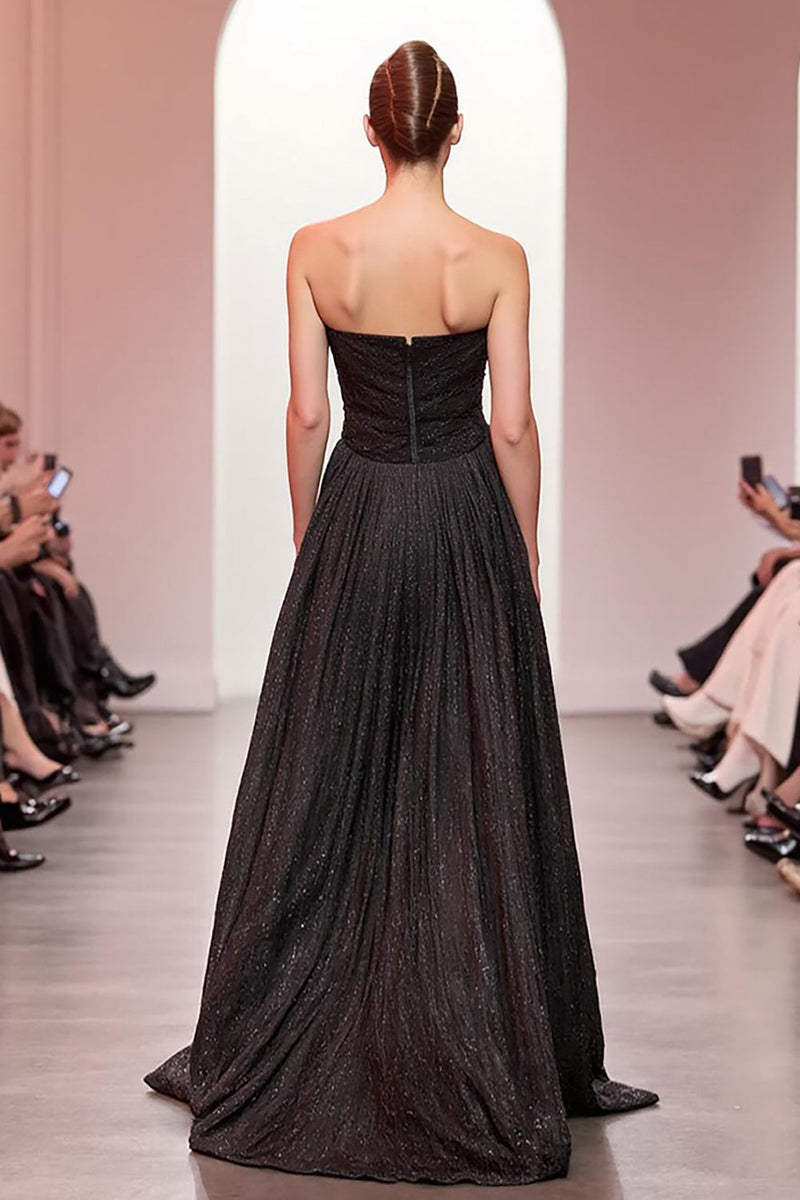 Load image into Gallery viewer, Sparkly Black Strapless A Line Long Evening Dress