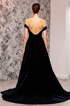 Black Velvet Mermaid Off the Shoulder Sweep Train Evening Dress