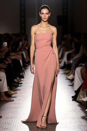 Pink Ruched Strapless Long Evening Dress with Slit