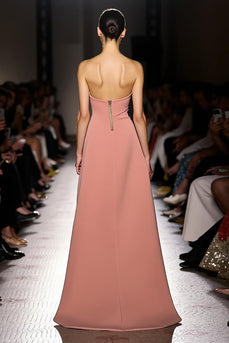 Pink Ruched Strapless Long Evening Dress with Slit