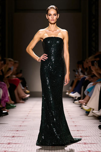 Sparkly Black Sheath Sequins Strapless Maxi Evening Dress