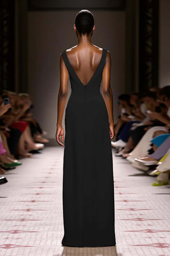 Simple Ivory V-Neck Satin Sheath Backless Long Evening Dress