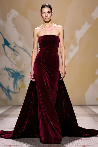 Dark Red Strapless Velvet Long Evening Dress