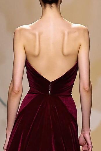 Dark Red Strapless Velvet Long Evening Dress