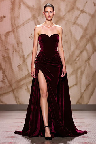 Dark Red Velvet Long Sweetheart Evening Dress with Slit
