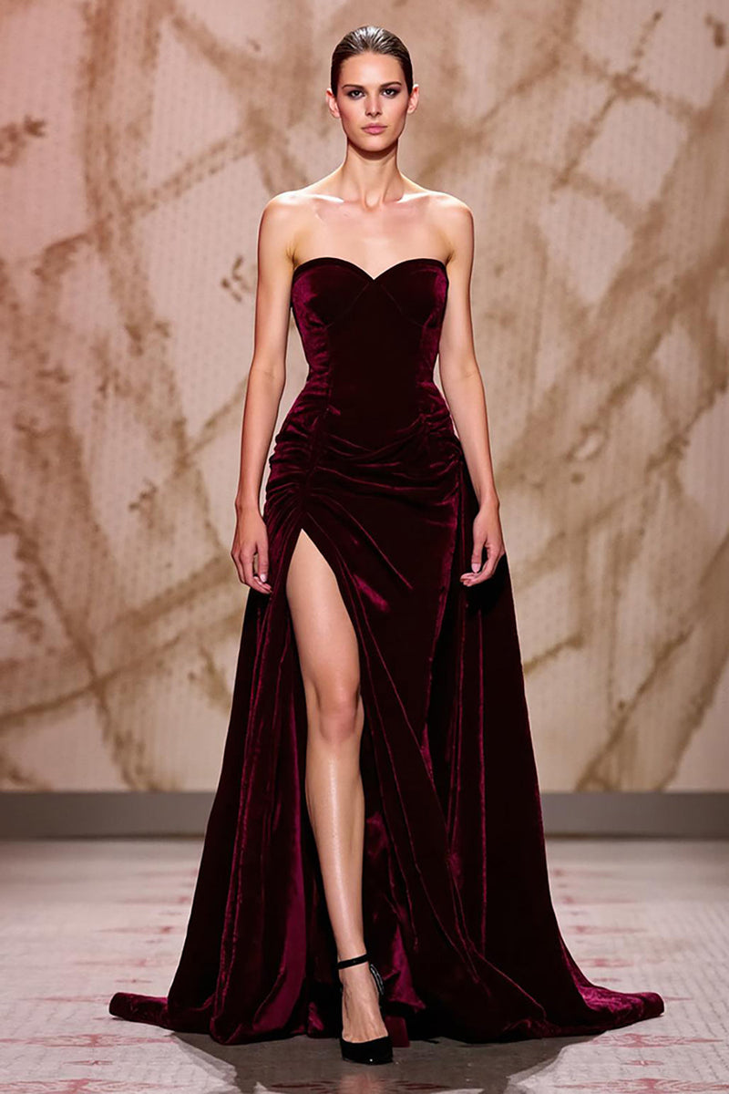 Load image into Gallery viewer, Dark Red Velvet Long Sweetheart Evening Dress with Slit