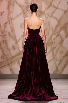 Dark Red Velvet Long Sweetheart Evening Dress with Slit