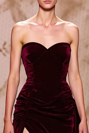 Dark Red Velvet Long Sweetheart Evening Dress with Slit