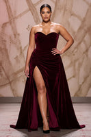 Load image into Gallery viewer, Dark Red Velvet Long Sweetheart Evening Dress with Slit