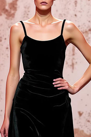 Simple Black Velvet Spaghetti Straps Long Evening Dress