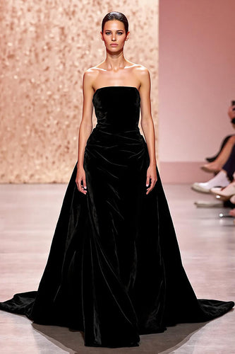 Simple Black Strapless A Line Velvet Long Evening Dress