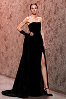 Load image into Gallery viewer, Simple Black Strapless Velvet Long Evening Dress with Slit