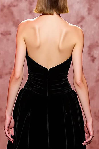 Simple Black Long Strapless Velvet Evening Dress with Slit