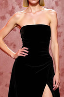 Load image into Gallery viewer, Simple Black Long Strapless Velvet Evening Dress with Slit