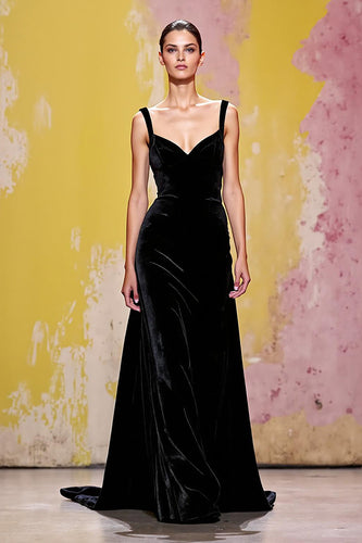 Simple Black Long Velvet Sheath Evening Dress