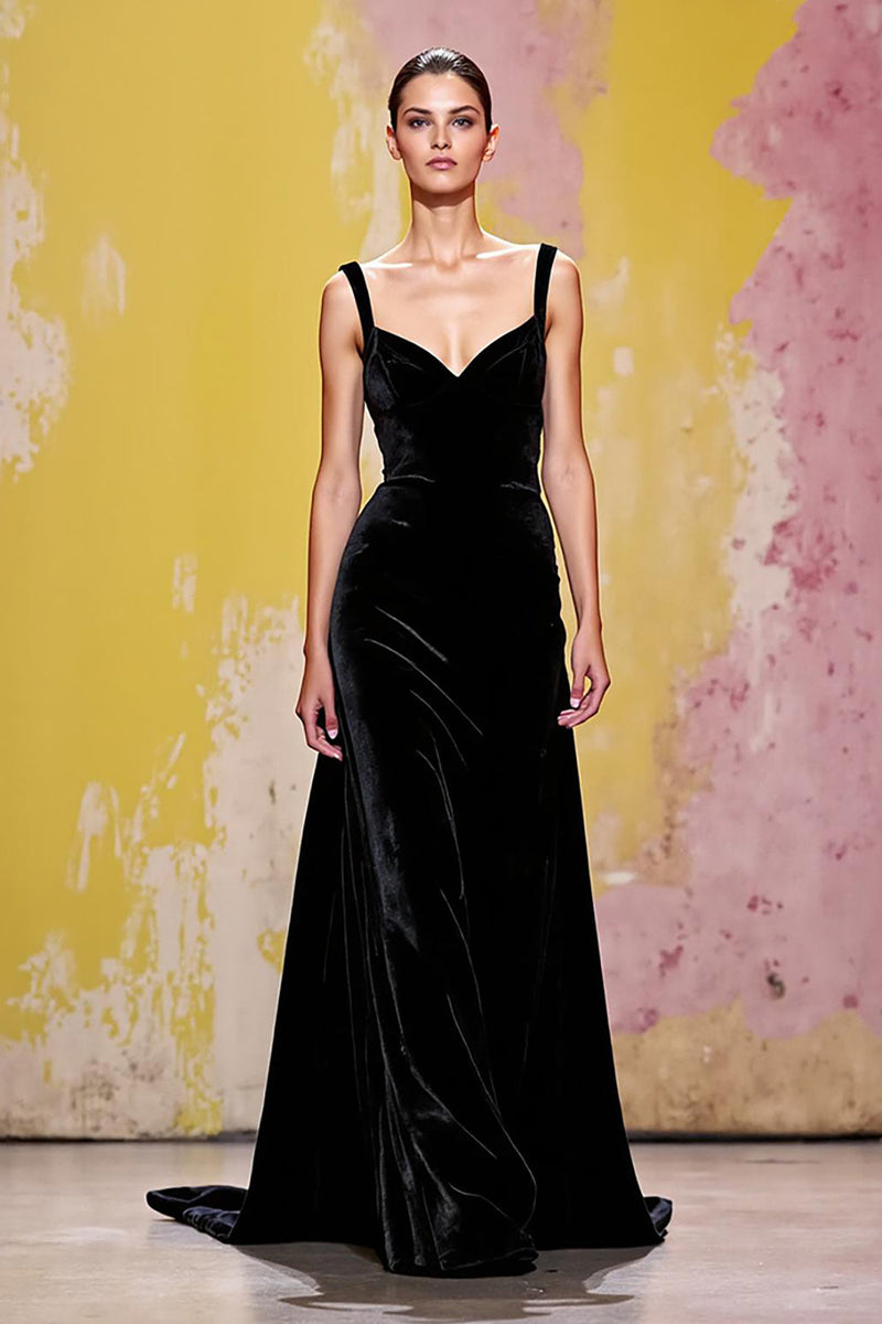 Load image into Gallery viewer, Simple Black Long Velvet Sheath Evening Dress