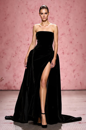 Simple Black Velvet A Line Strapless Long Evening Dress with Slit