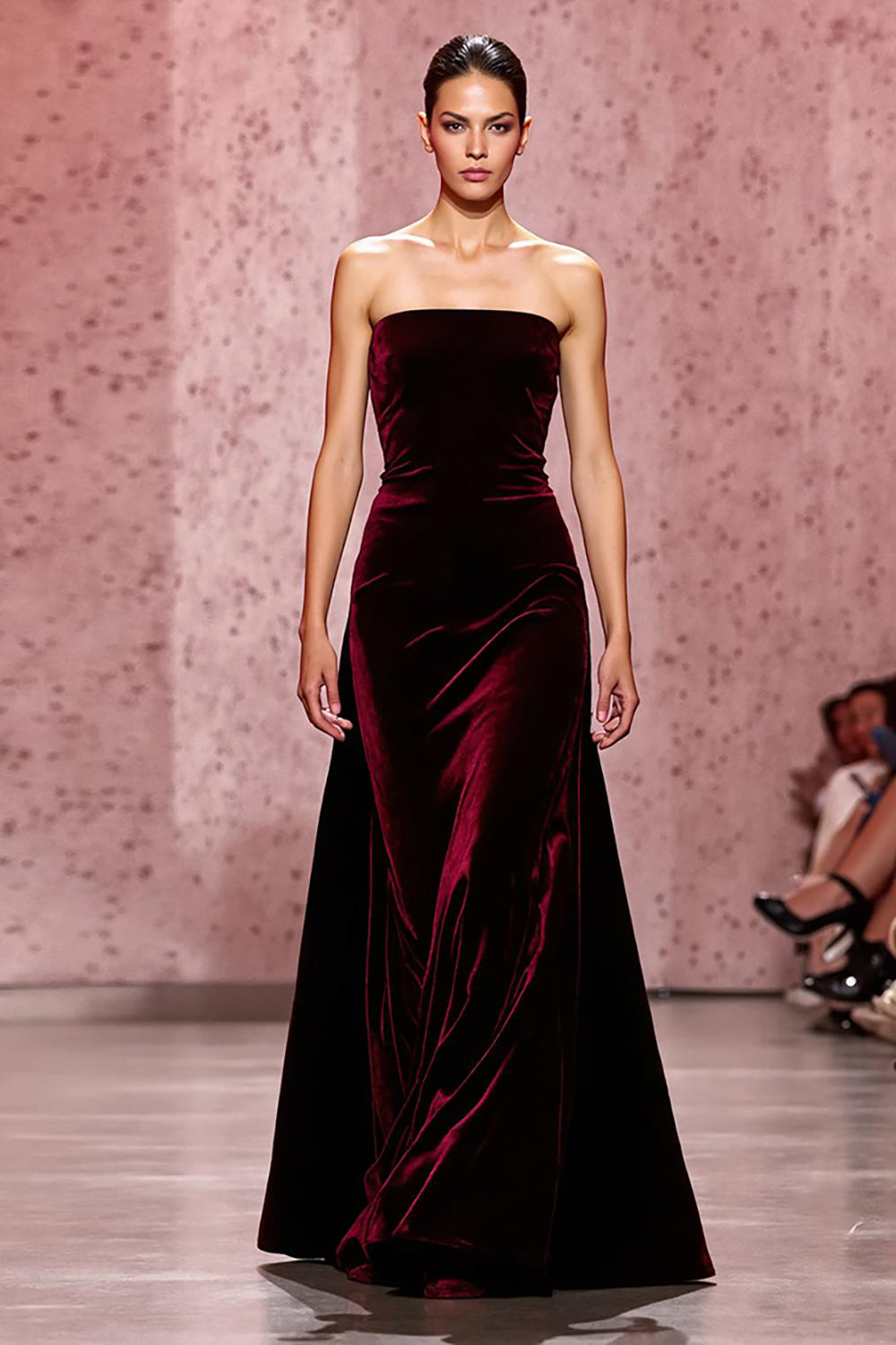 Dark Red Velvet Strapless Long Sheath Evening Dress