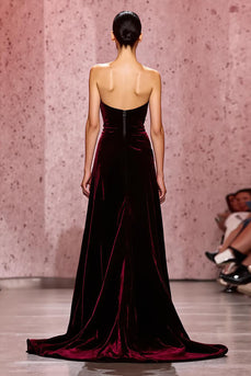 Dark Red Velvet Strapless Long Sheath Evening Dress