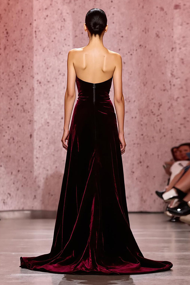 Load image into Gallery viewer, Dark Red Velvet Strapless Long Sheath Evening Dress
