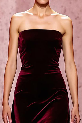 Dark Red Velvet Strapless Long Sheath Evening Dress