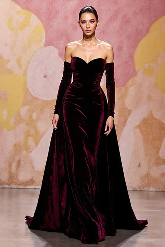 Dark Red A Line Velvet Long Sweetheart Evening Dress