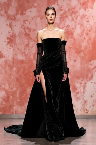 Black Strapless A Line Long Velvet Evening Dress with Slit