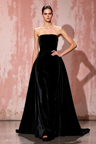 Simple Black A Line Strapless Long Velvet Evening Dress