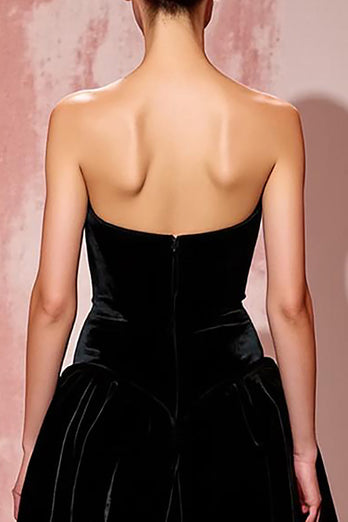 Simple Black A Line Strapless Long Velvet Evening Dress