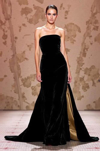 Simple Velvet Black Long Strapless Evening Dress with Slit