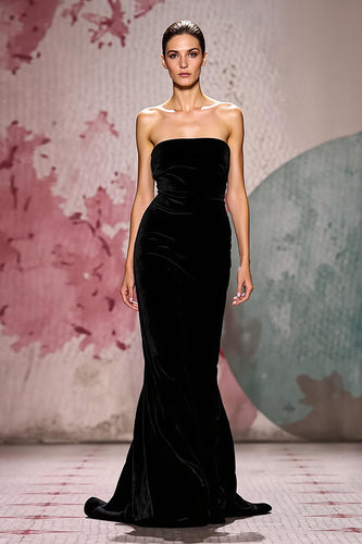 Simple Black Strapless Velvet Mermaid Long Evening Dress