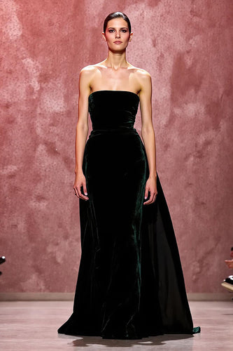 Simple Dark Green Velvet Strapless Long Evening Dress