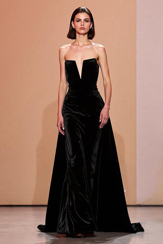 Simple Black Long Velvet Strapless Evening Dress