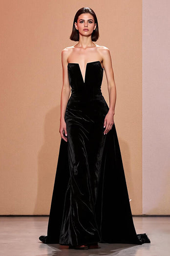 Simple Black Long Velvet Strapless Evening Dress