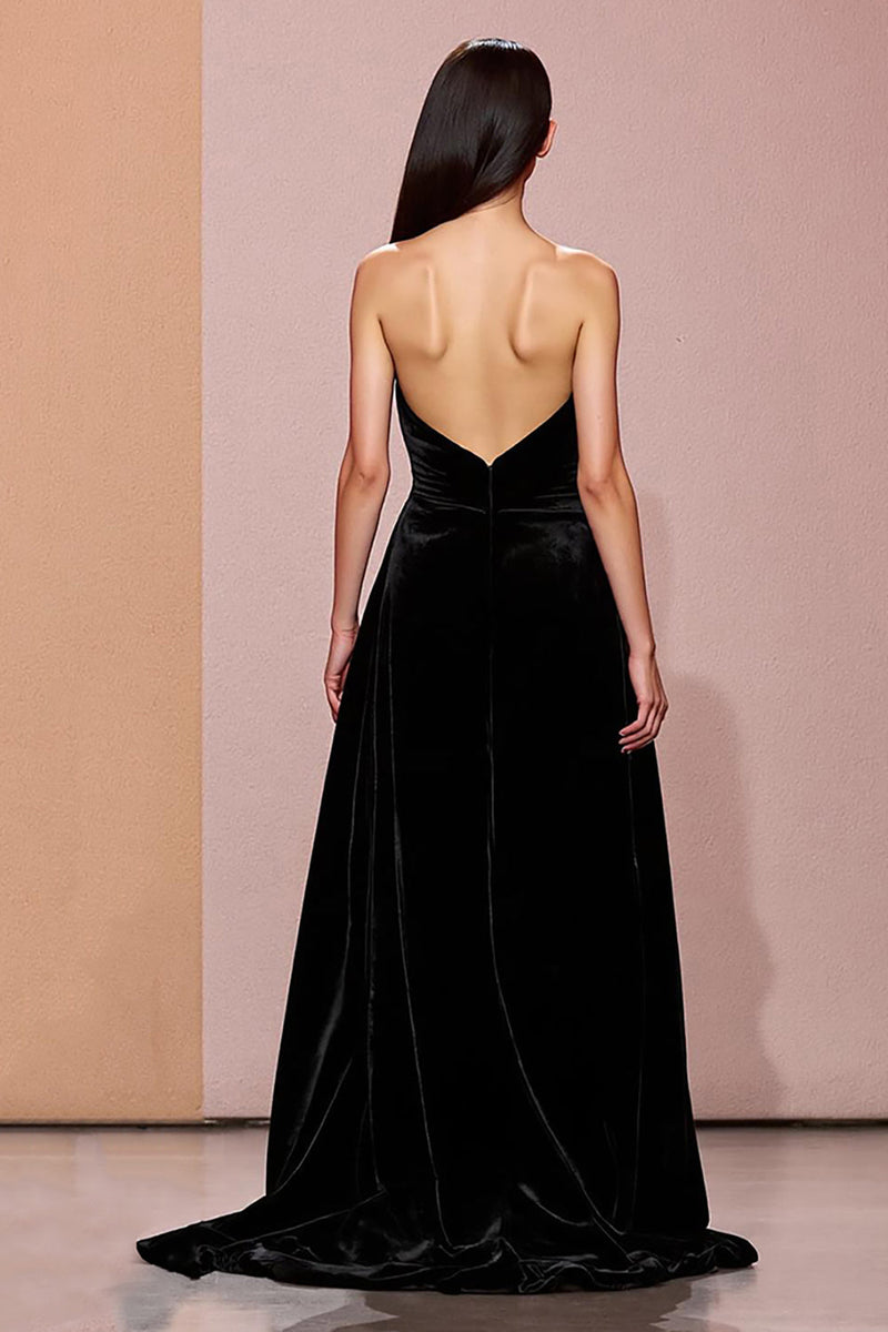 Load image into Gallery viewer, Simple Black Long Velvet Strapless Evening Dress