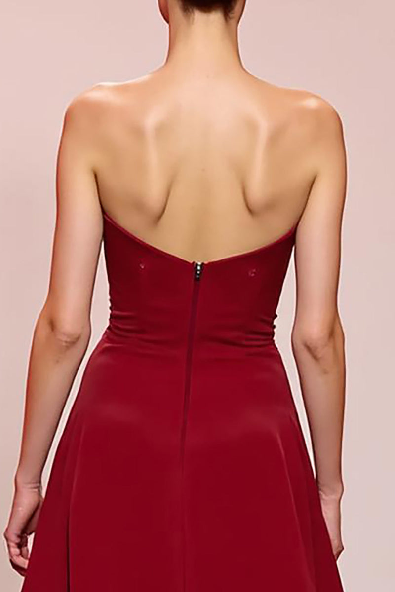 Load image into Gallery viewer, Red Floral Satin Sheath Strapless Ruched Long Evening Dress
