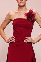 Load image into Gallery viewer, Red Floral Satin Sheath Strapless Ruched Long Evening Dress