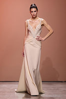 Load image into Gallery viewer, Sparkly Champagne Deep V-Neck Sheath Ruched Long Evening Dress