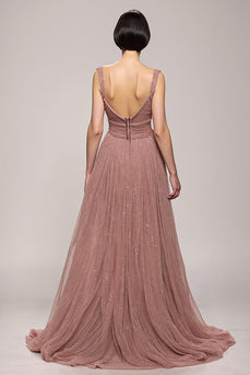 Sparkly Pink Ruched Deep V-Neck Long Evening Dress