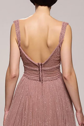 Sparkly Pink Ruched Deep V-Neck Long Evening Dress
