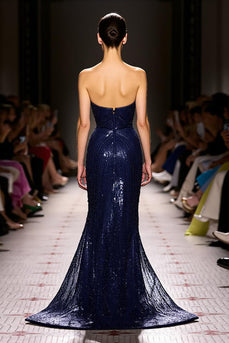 Sparkly Navy Sequin Mermaid Sweetheart Long Evening Dress