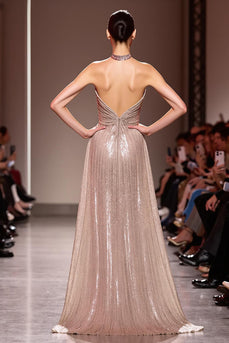 Sparkly Champagne Halter Sequin Backless Long Evening Dress