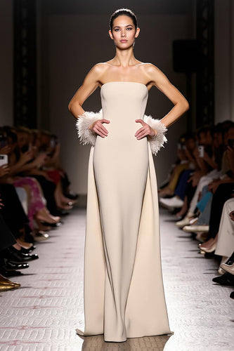 Simple Ivory Sheath Strapless Satin Backless Long Evening Dress