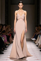 Load image into Gallery viewer, Simple Champagne Satin Strapless Sheath Long Evening Dress with Slit