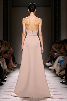 Simple Champagne Satin Strapless Sheath Long Evening Dress with Slit