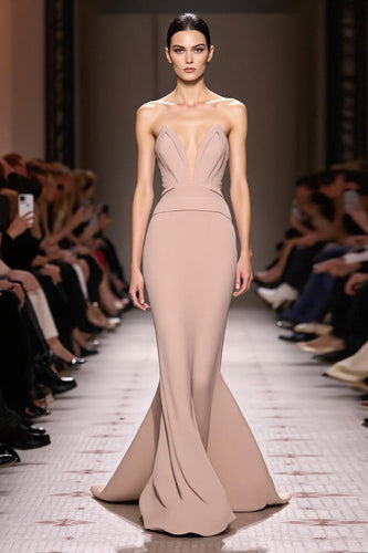Simple Champagne Backless Strapless Mermaid Long Evening Dress