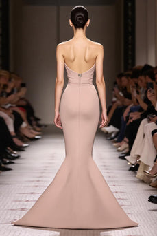 Simple Champagne Backless Strapless Mermaid Long Evening Dress